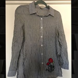 Striped button down shirt with poppy appliqué